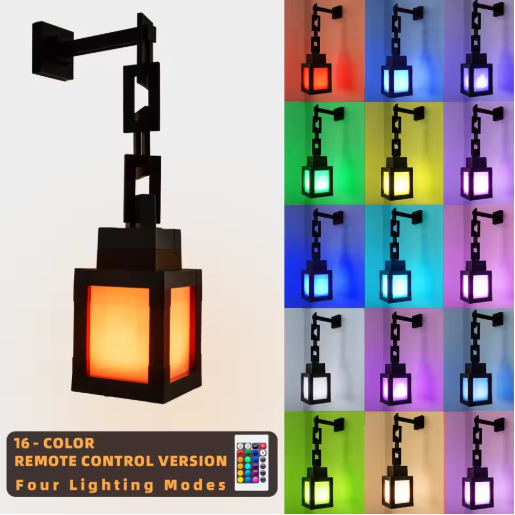 Pixelated Lantern Night Light, 16 Color LED Wall Night Light with Remote Control - Rechargeable Retro Pixel Style Table Lamp for Game Room Kids Room Decor and Children's Gifts
